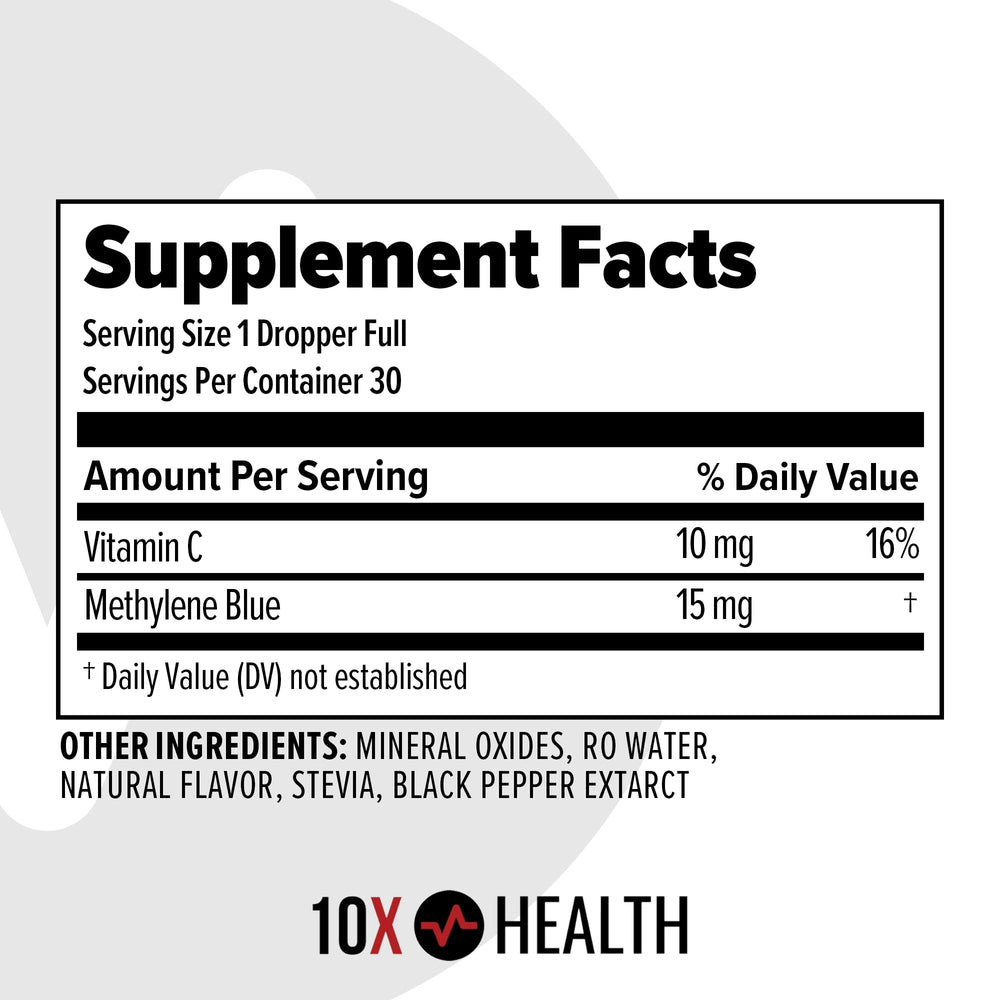10X Health gota en primer plano mostrando color y claridad de la solución