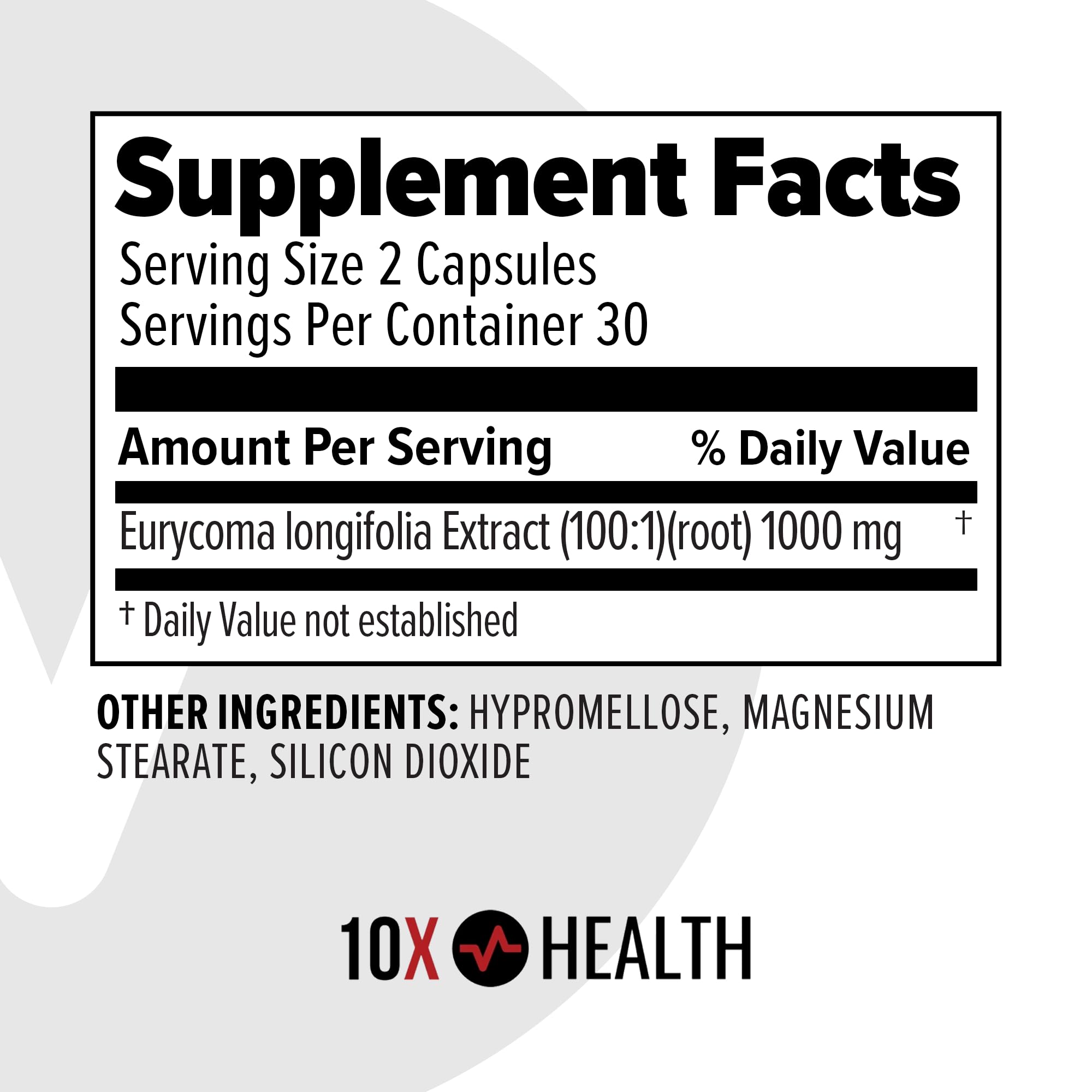 10X Health etiqueta con ingredientes y pruebas de pureza visibles