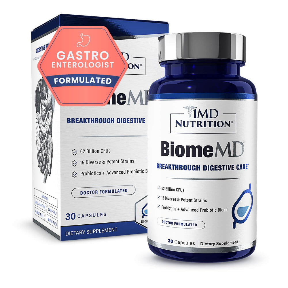 1MD Nutrition botella frontal del suplemento BiomeMD mostrando la marca y beneficio digestivo
