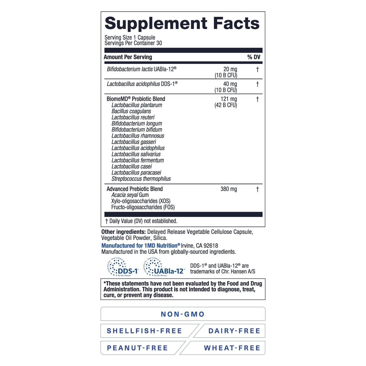 1MD Nutrition vista interna del contenido resaltando la mezcla probiótica y prebiótica