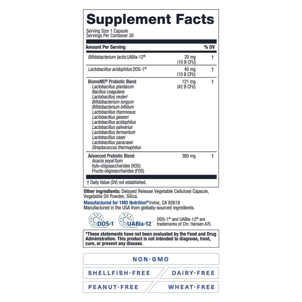 1MD Nutrition vista interna del contenido resaltando la mezcla probiótica y prebiótica