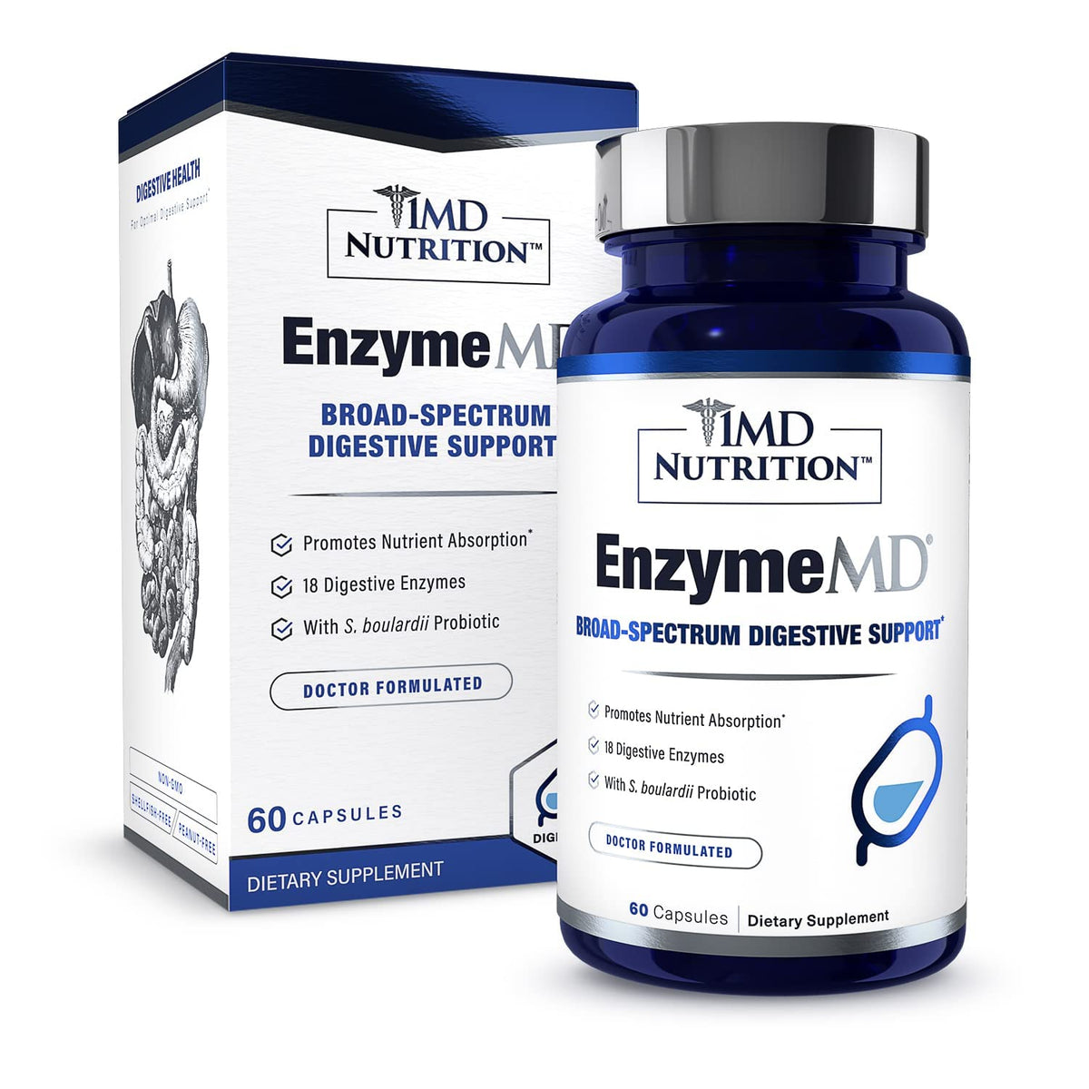 1MD Nutrition empaque frontal mostrando etiqueta y beneficio digestivo