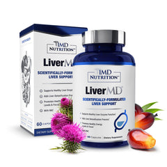 1MD Nutrition envase frontal de LiverMD mostrando diseño y dosis para fácil identificación