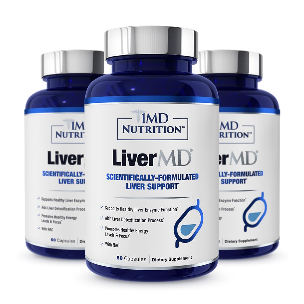 1MD Nutrition frasco frontal de LiverMD mostrando diseño y cantidad