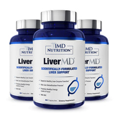 1MD Nutrition frasco frontal de LiverMD mostrando diseño y cantidad