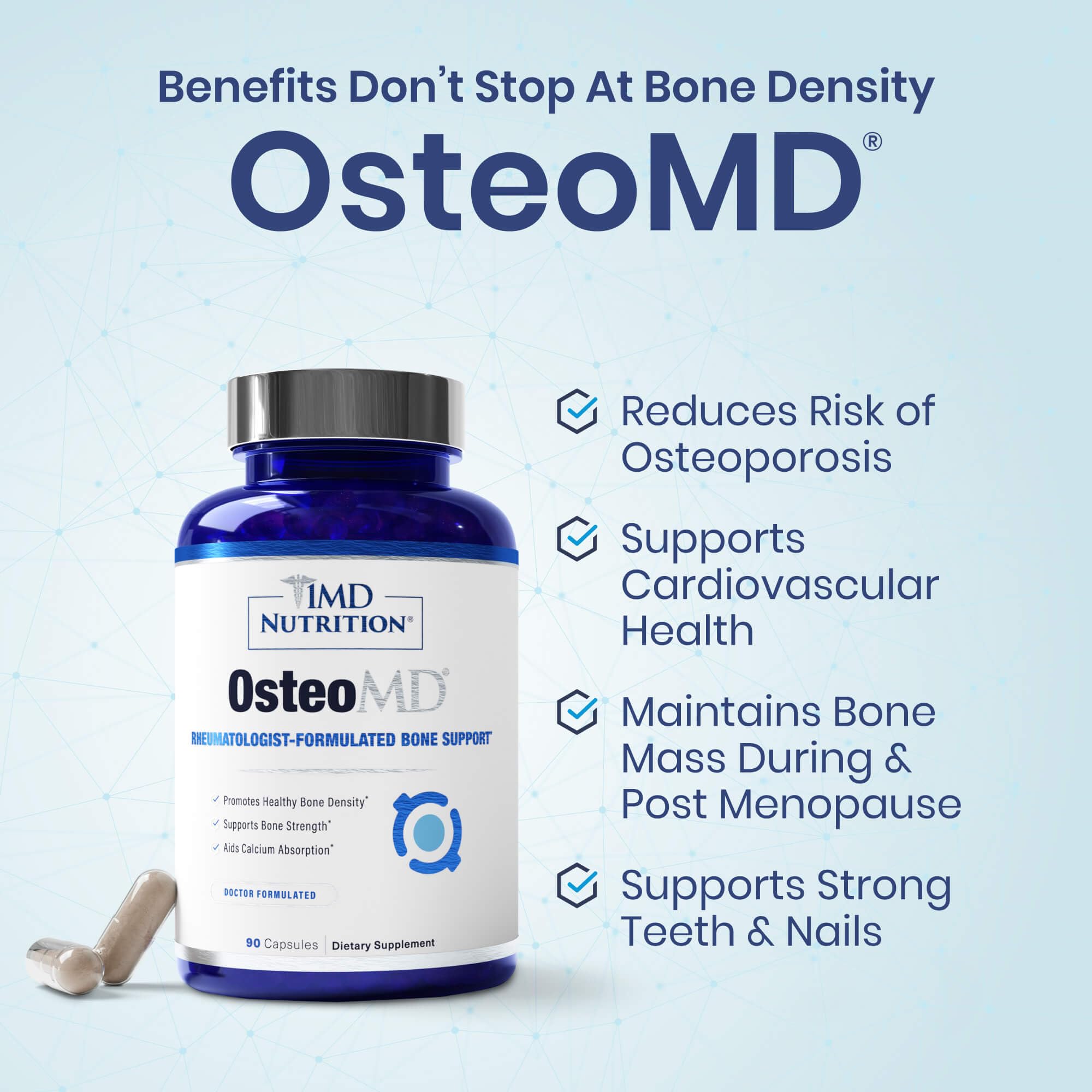 1MD Nutrition OsteoMD detalle del MenaQ7 indicando soporte para distribución de calcio