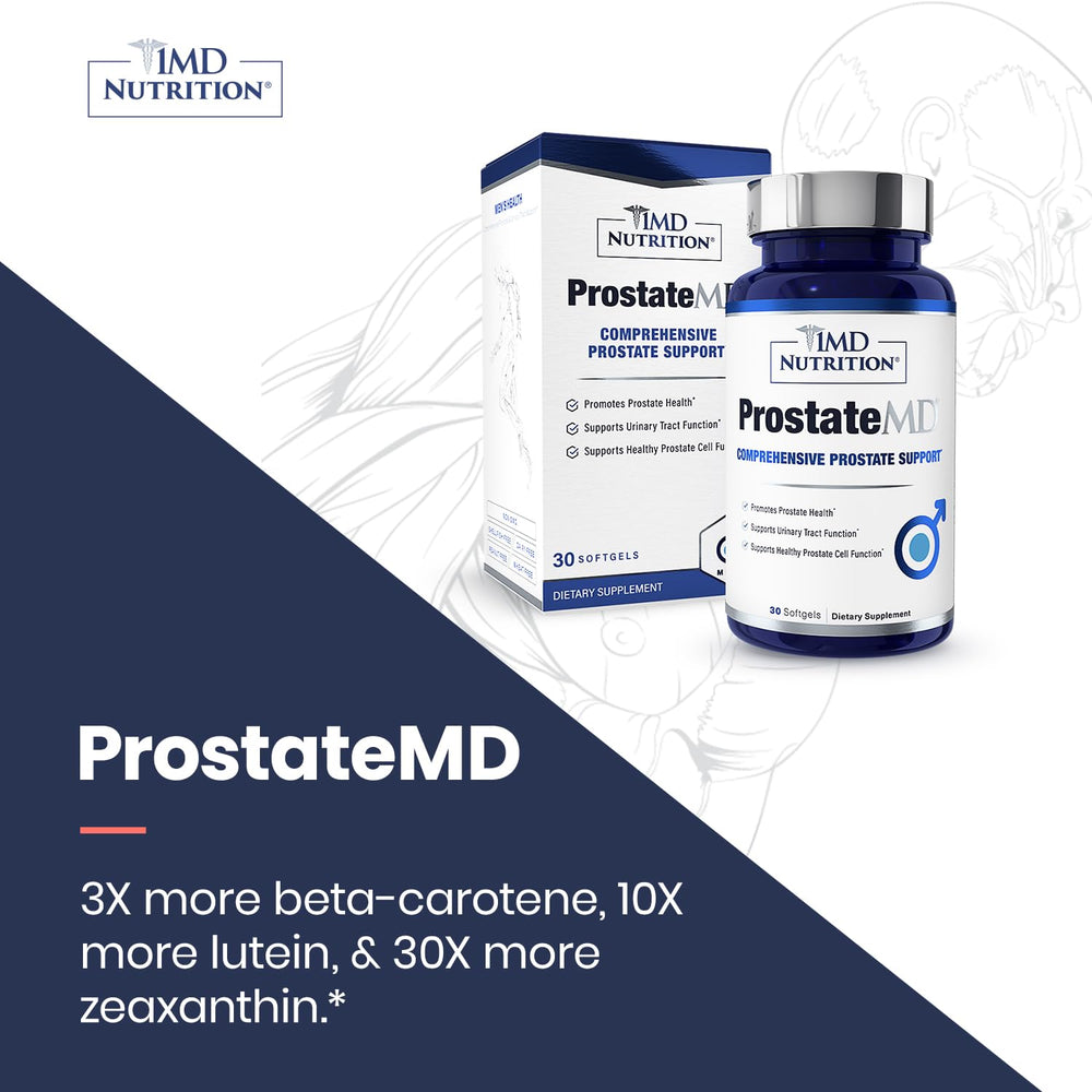1MD Nutrition ProstateMD varias cápsulas sobre superficie, fácil de tomar una vez al día
