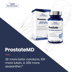 1MD Nutrition ProstateMD varias cápsulas sobre superficie, fácil de tomar una vez al día
