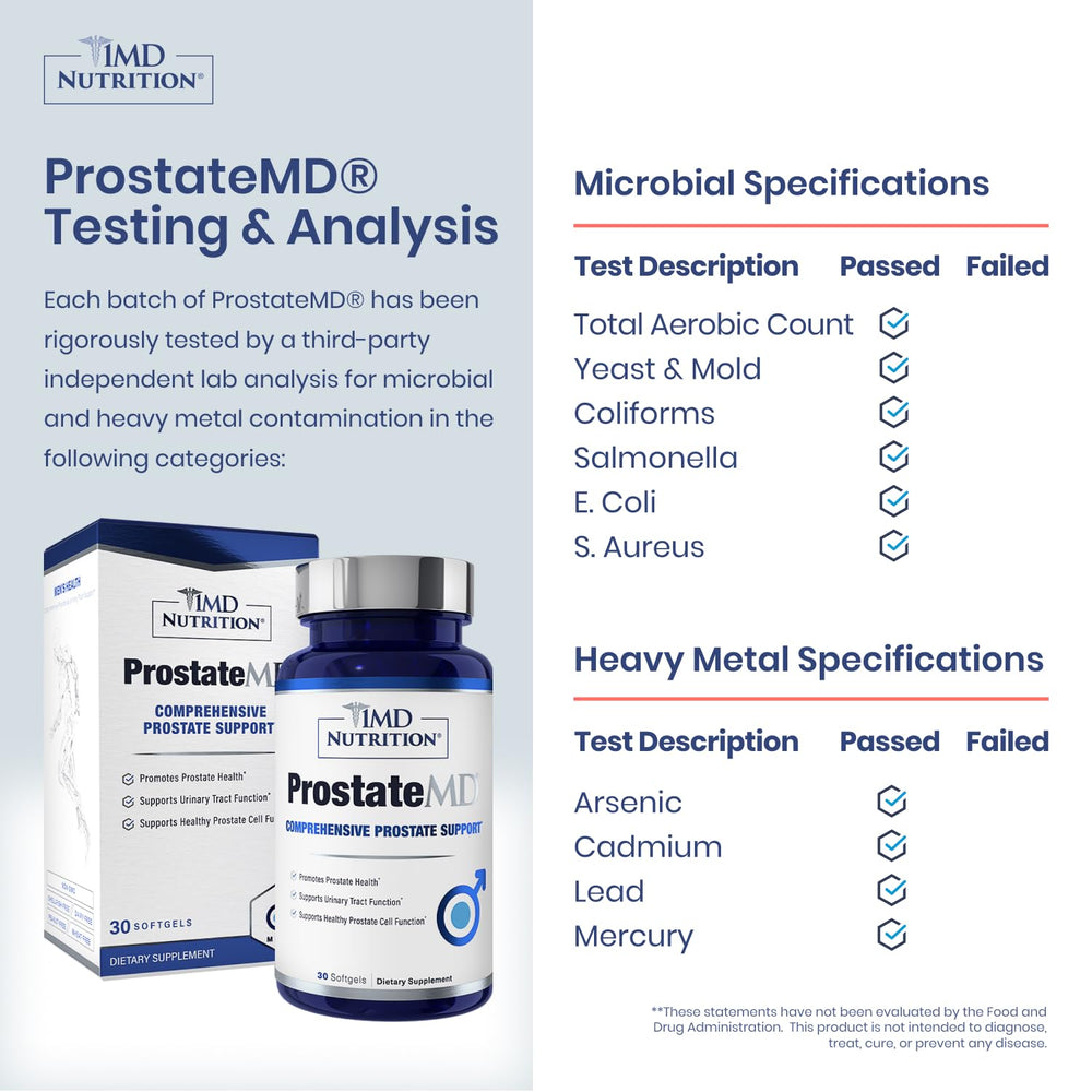 1MD Nutrition ProstateMD envase sostenido en mano para referencia de tamaño y dosis