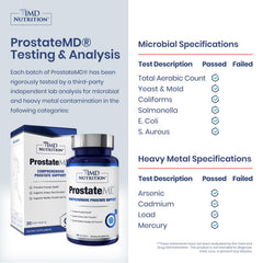1MD Nutrition ProstateMD envase sostenido en mano para referencia de tamaño y dosis