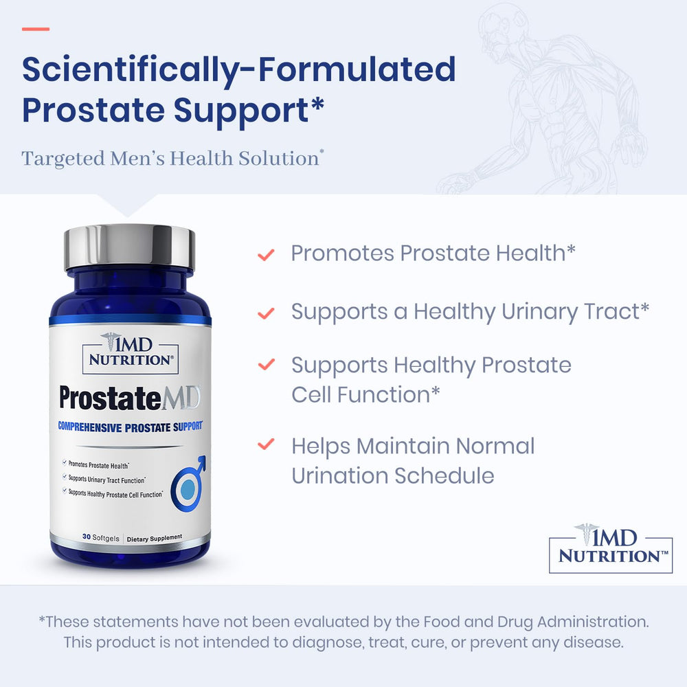 1MD Nutrition ProstateMD etiqueta con ingredientes clave y certificación USPlus