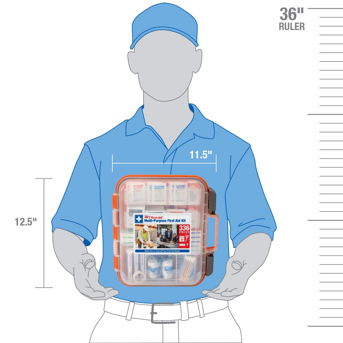 24/7 First Aid muestra dimensiones para comparar tamaño y capacidad