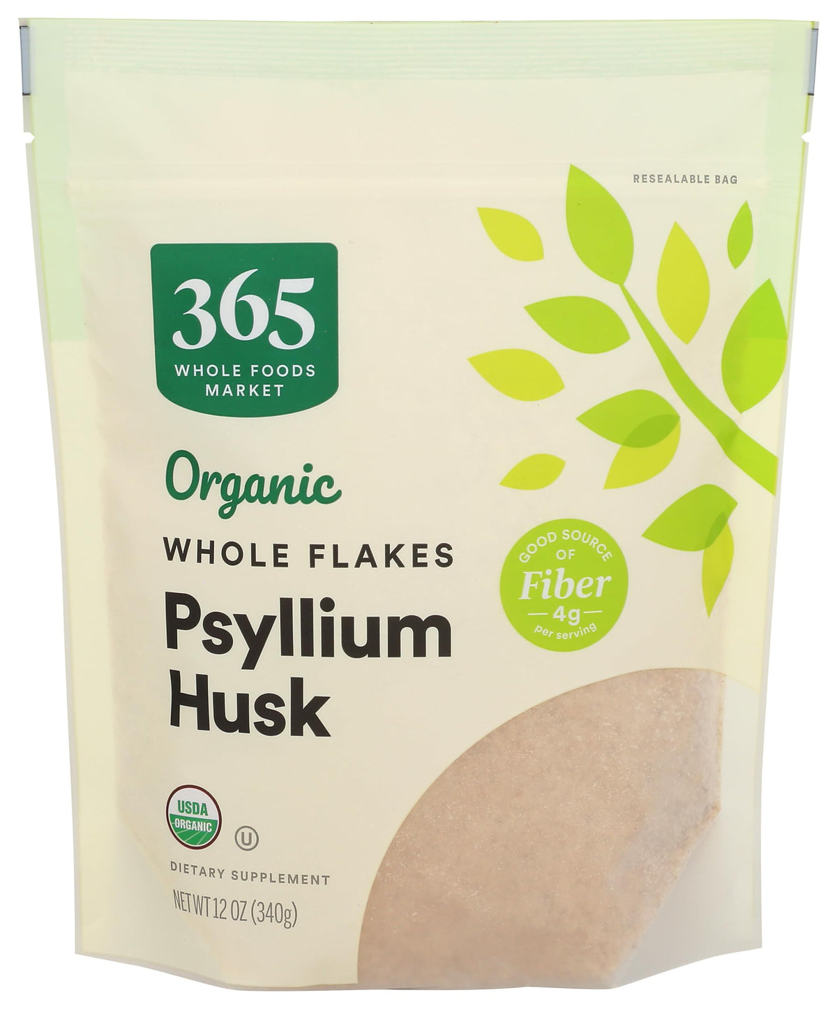 365 by Whole Foods Market empaque frontal del psyllium husk orgánico mostrando presentación de 12 oz y claridad de ingrediente