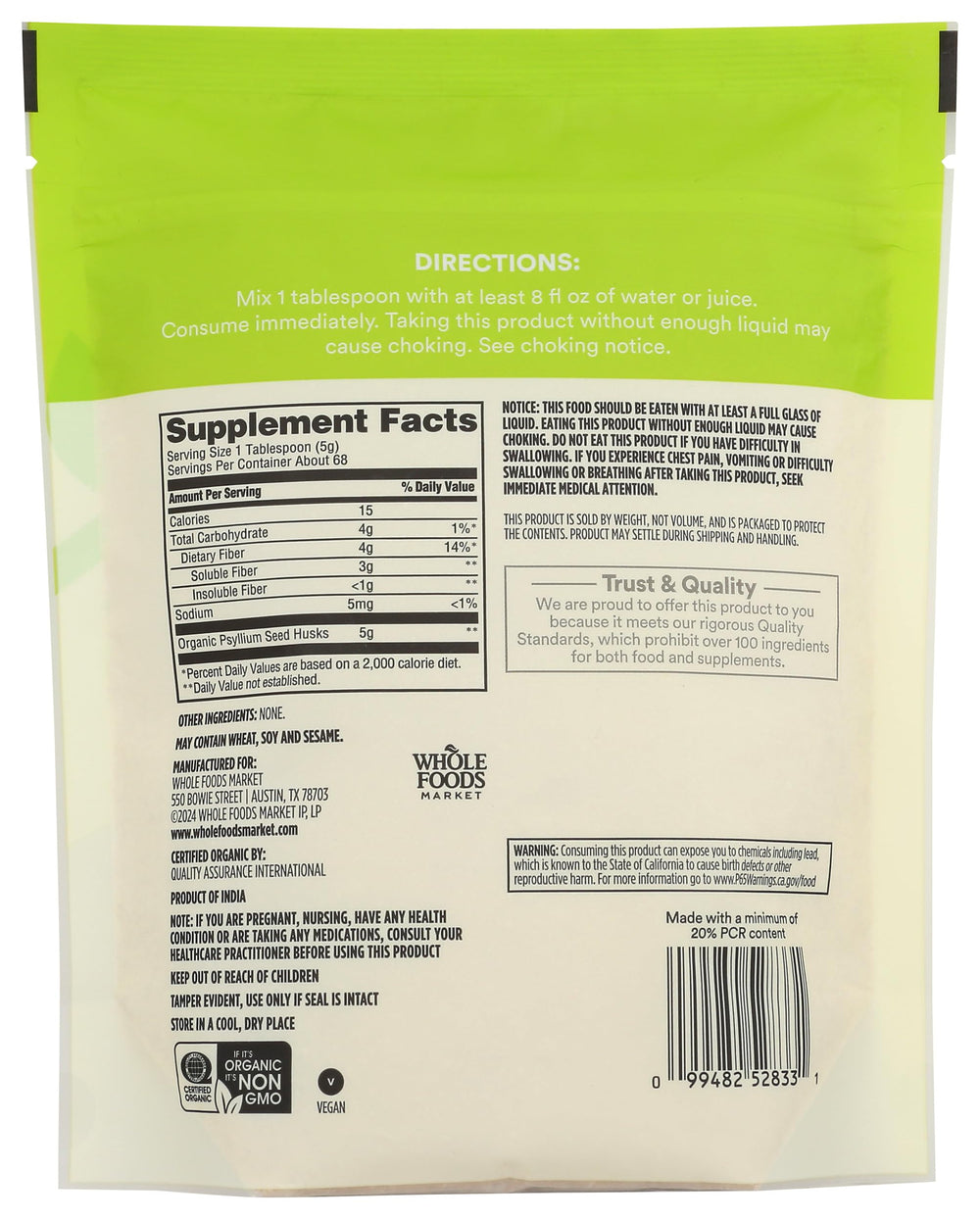 365 by Whole Foods Market primer plano del polvo de psyllium husk orgánico resaltando textura fina y facilidad de mezcla