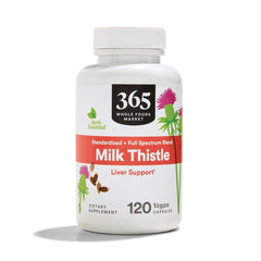 Frasco 365 by Whole Foods Market Milk Thistle frente con etiqueta clara y beneficio calidad