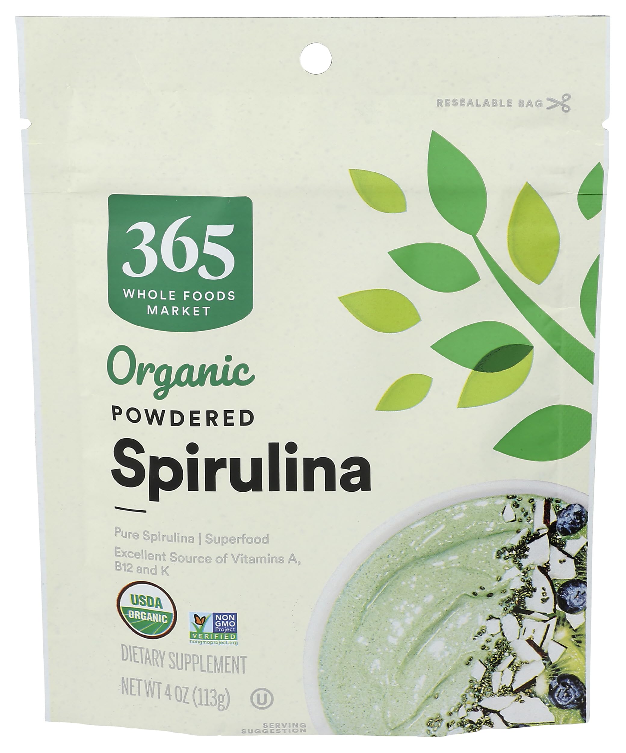 365 by Whole Foods Market frasco frontal mostrando la spirulina orgánica y su practicidad