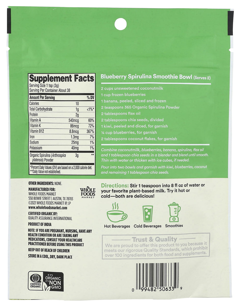 365 by Whole Foods Market textura en polvo fino de spirulina para mezcla rápida