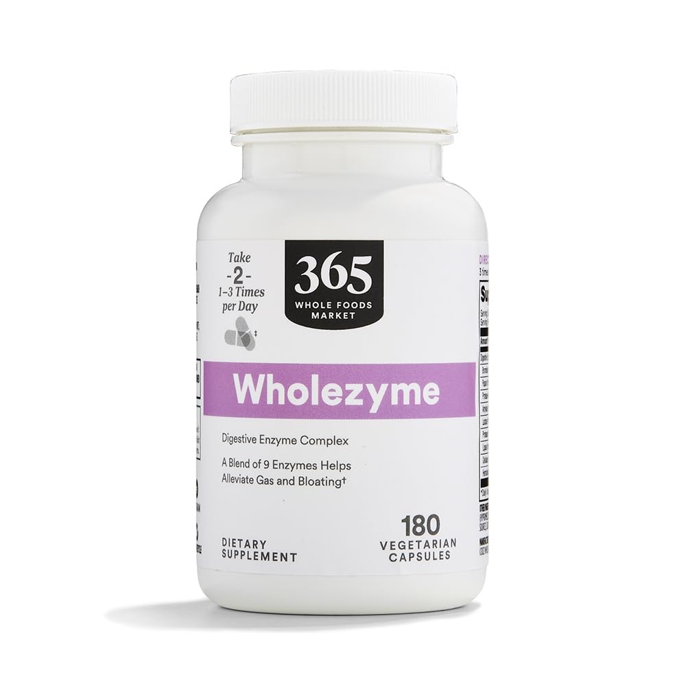 365 by Whole Foods Market frasco Wholezyme 180 cápsulas mostrando etiqueta y beneficios