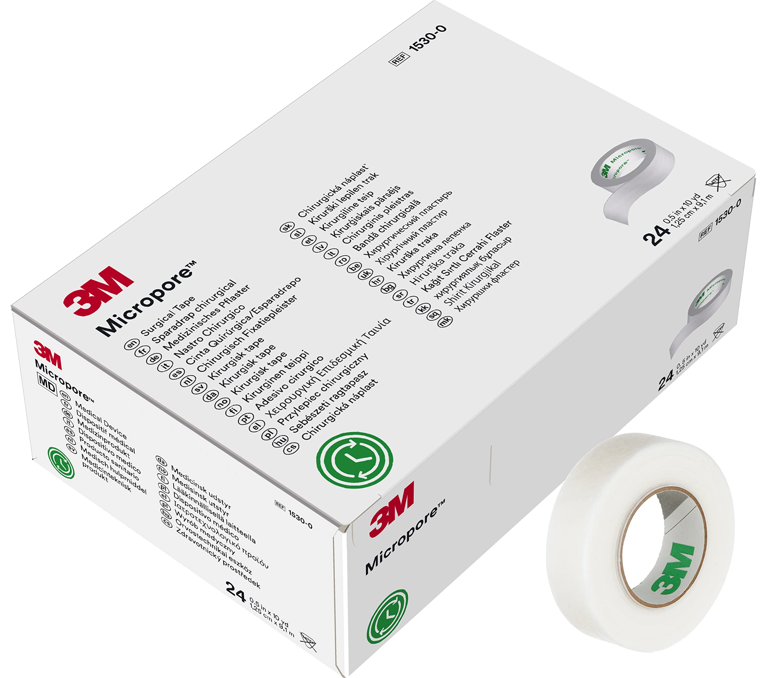 3M Micropore vista frontal del rollo mostrando etiqueta y tamaño