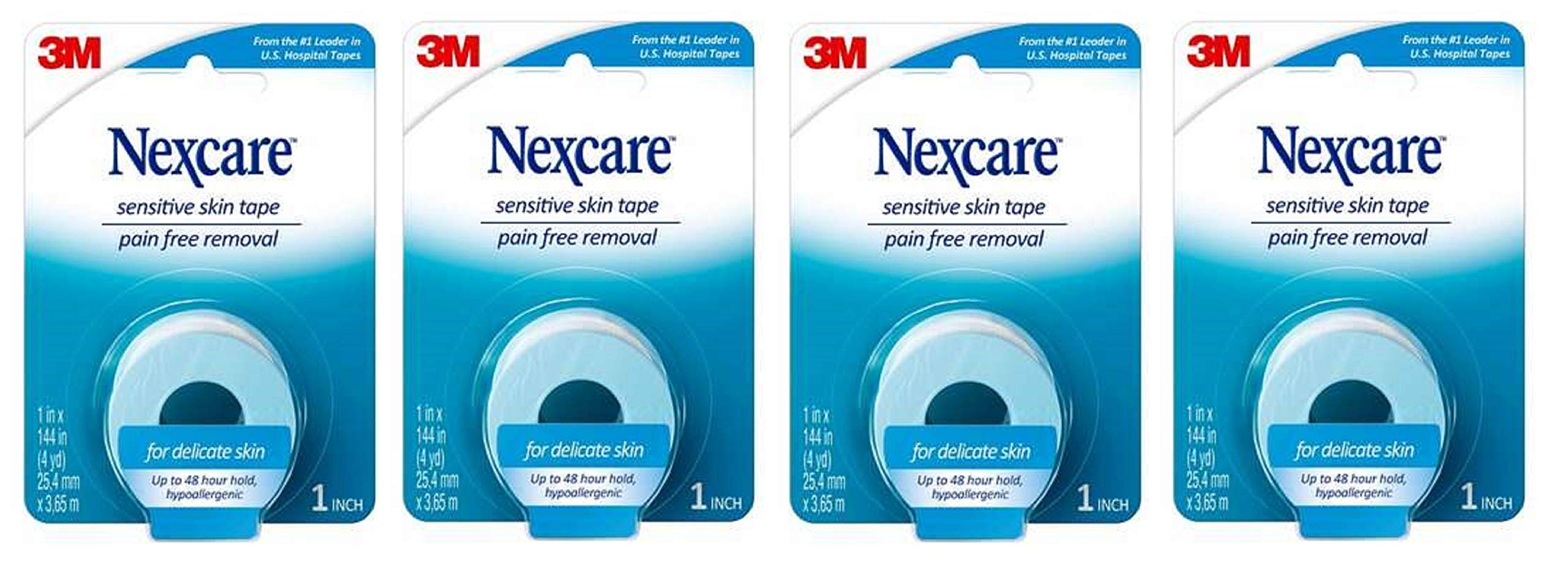 3M Nexcare vista frontal del pack mostrando los cuatro rollos y beneficios de sujeción