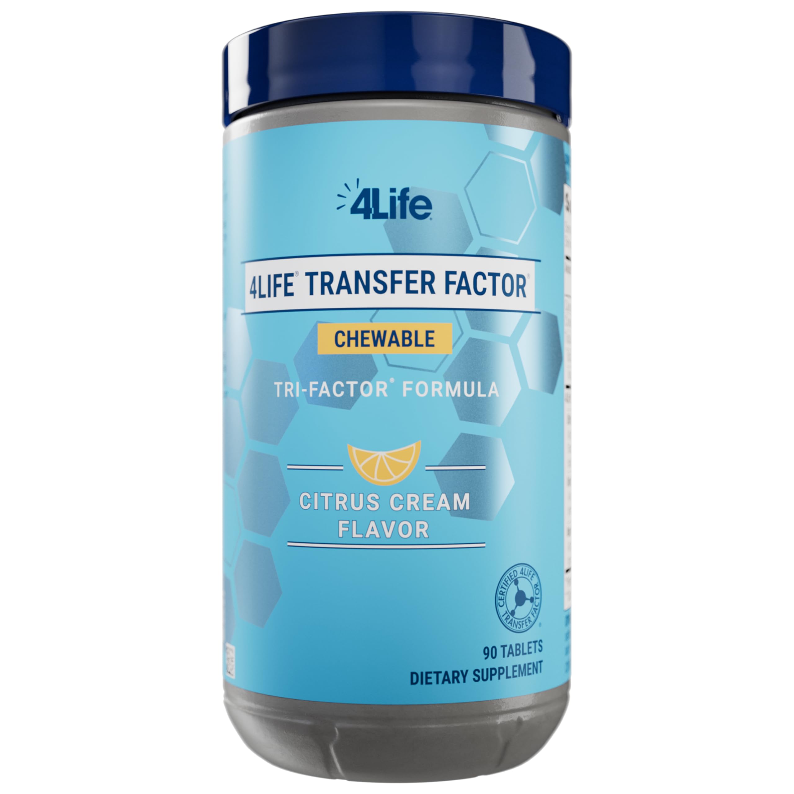 4Life Transfer Factor chewable bottle shows citrus cream flavor and potential immune support