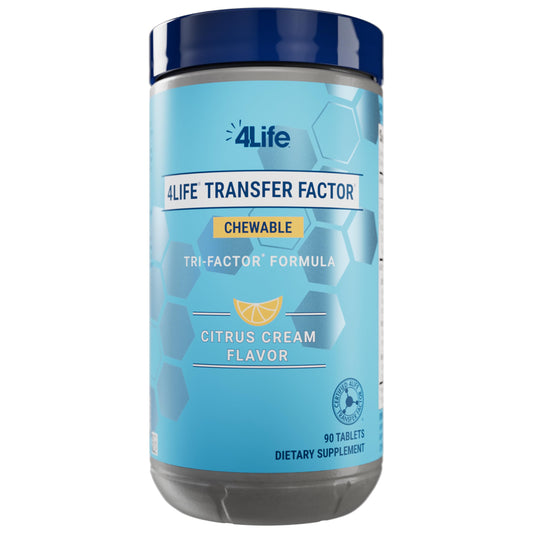 4Life Transfer Factor chewable bottle shows citrus cream flavor and potential immune support
