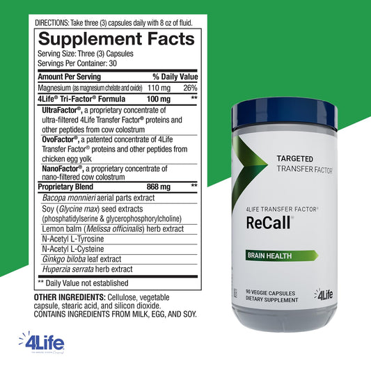 4Life Transfer Factor Recall etiqueta brillante, visible para identificar el suplemento diario.
