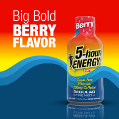 5-hour ENERGY botella Berry en primer plano mostrando el envase compacto