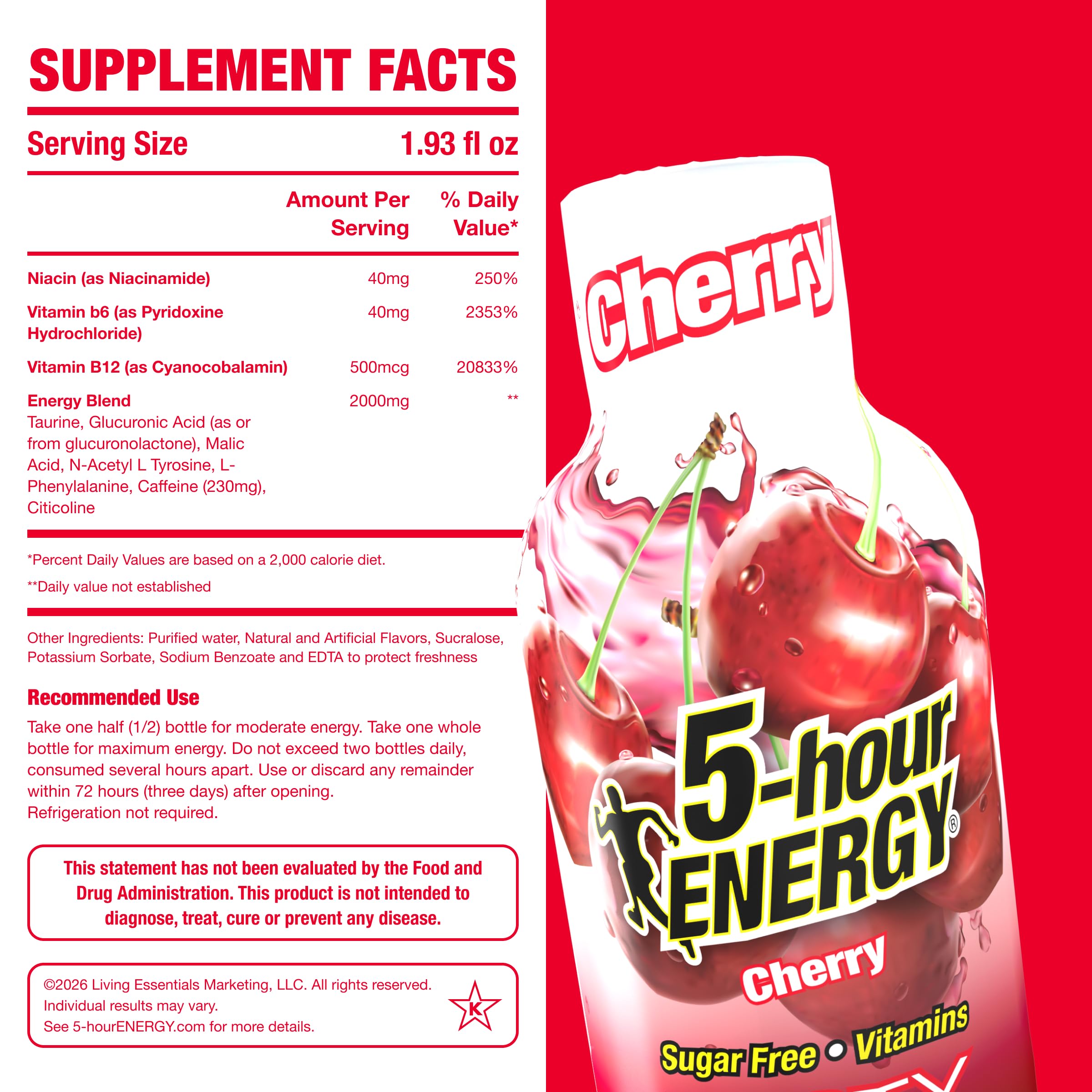 5-hour ENERGY etiqueta detallada con información de vitaminas y beneficios