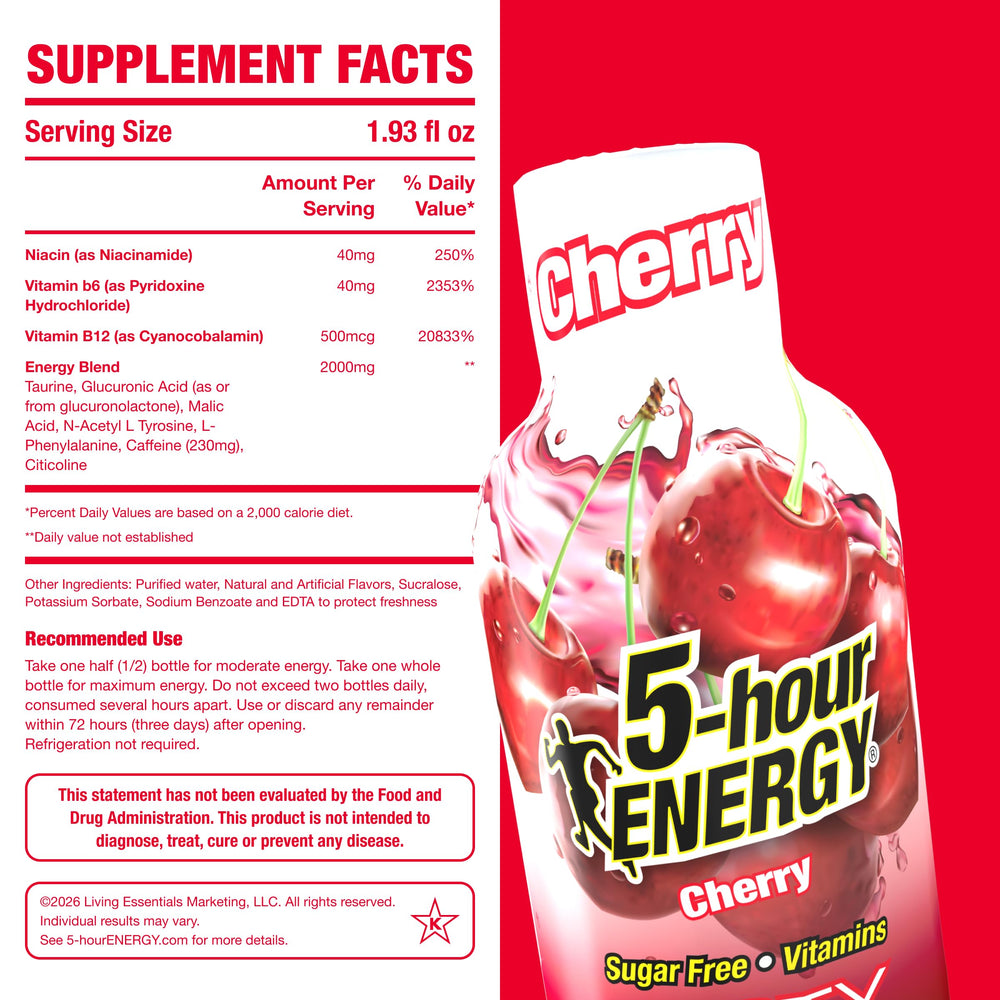 5-hour ENERGY etiqueta detallada con información de vitaminas y beneficios