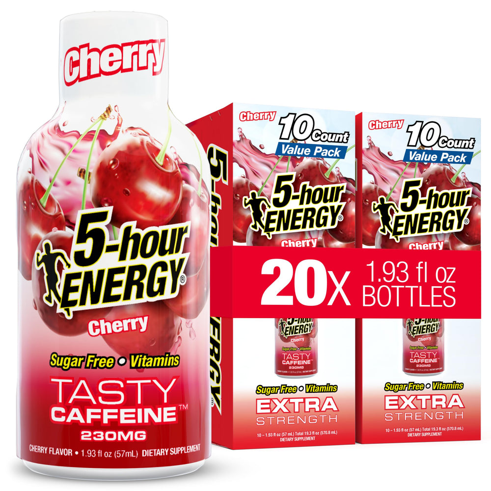 5-hour ENERGY frente del empaque mostrando pack cherry y conveniencia