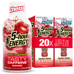 5-hour ENERGY frente del empaque mostrando pack cherry y conveniencia