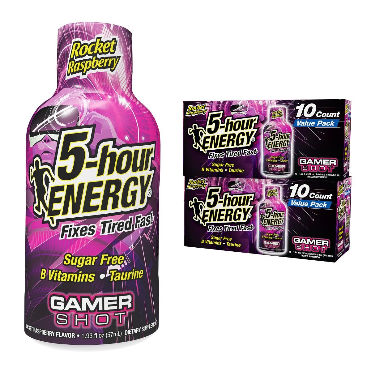 5-hour ENERGY frontal del envase Rocket Raspberry mostrando diseño y sabor