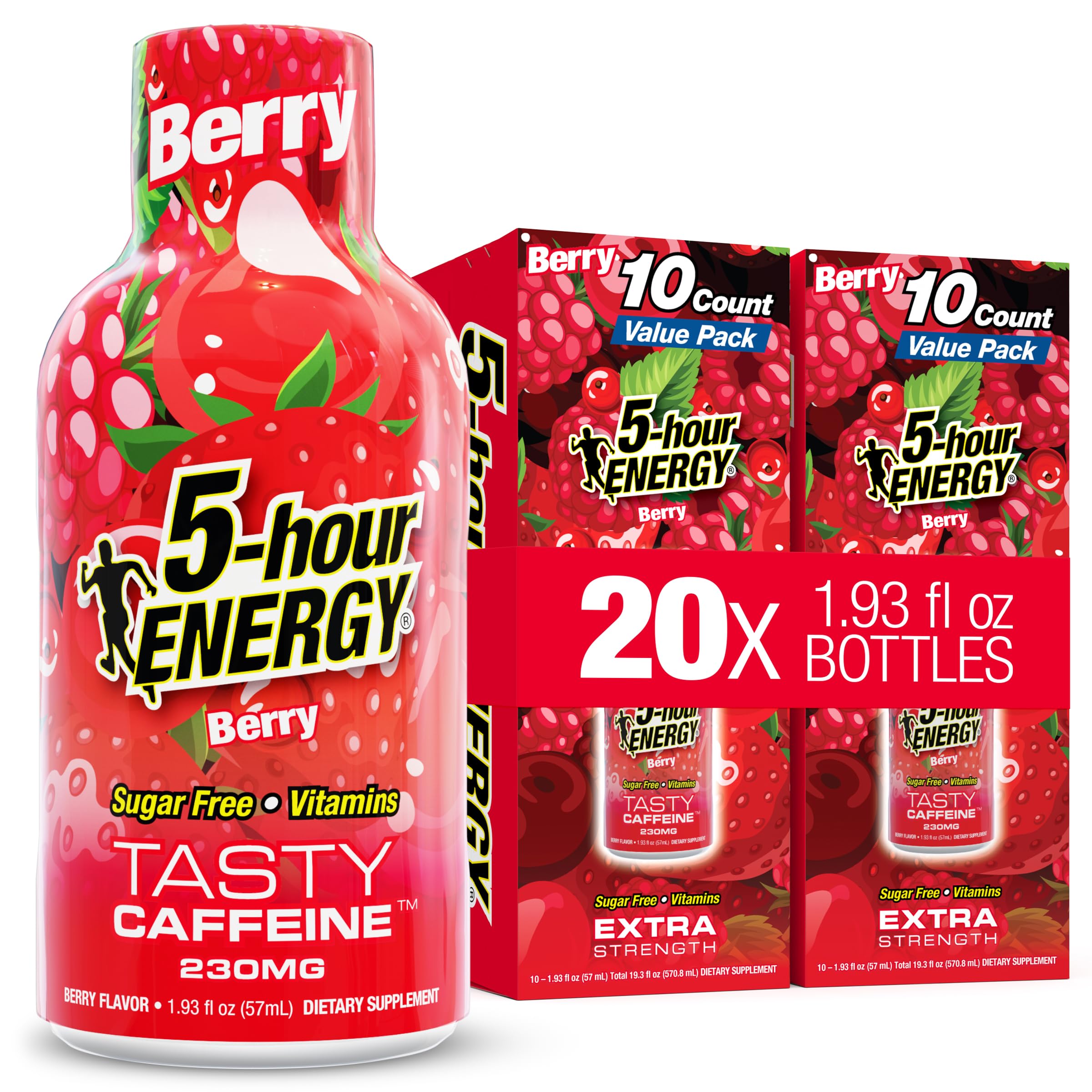 5-hour ENERGY vista frontal del paquete que muestra el sabor berry y conveniencia