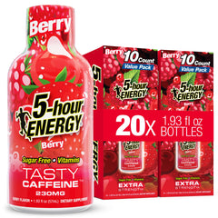 5-hour ENERGY vista frontal del paquete que muestra el sabor berry y conveniencia