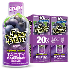5-hour ENERGY frente del envase mostrando diseño y sabor uva, conveniencia inmediata