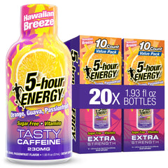 5-hour ENERGY frente del paquete mostrando diseño tropical y conveniencia