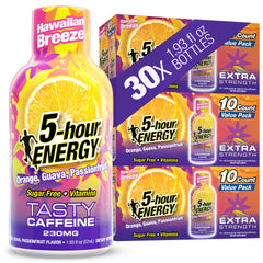 5-hour ENERGY frontal del paquete mostrando sabor Hawaiian Breeze y conveniencia