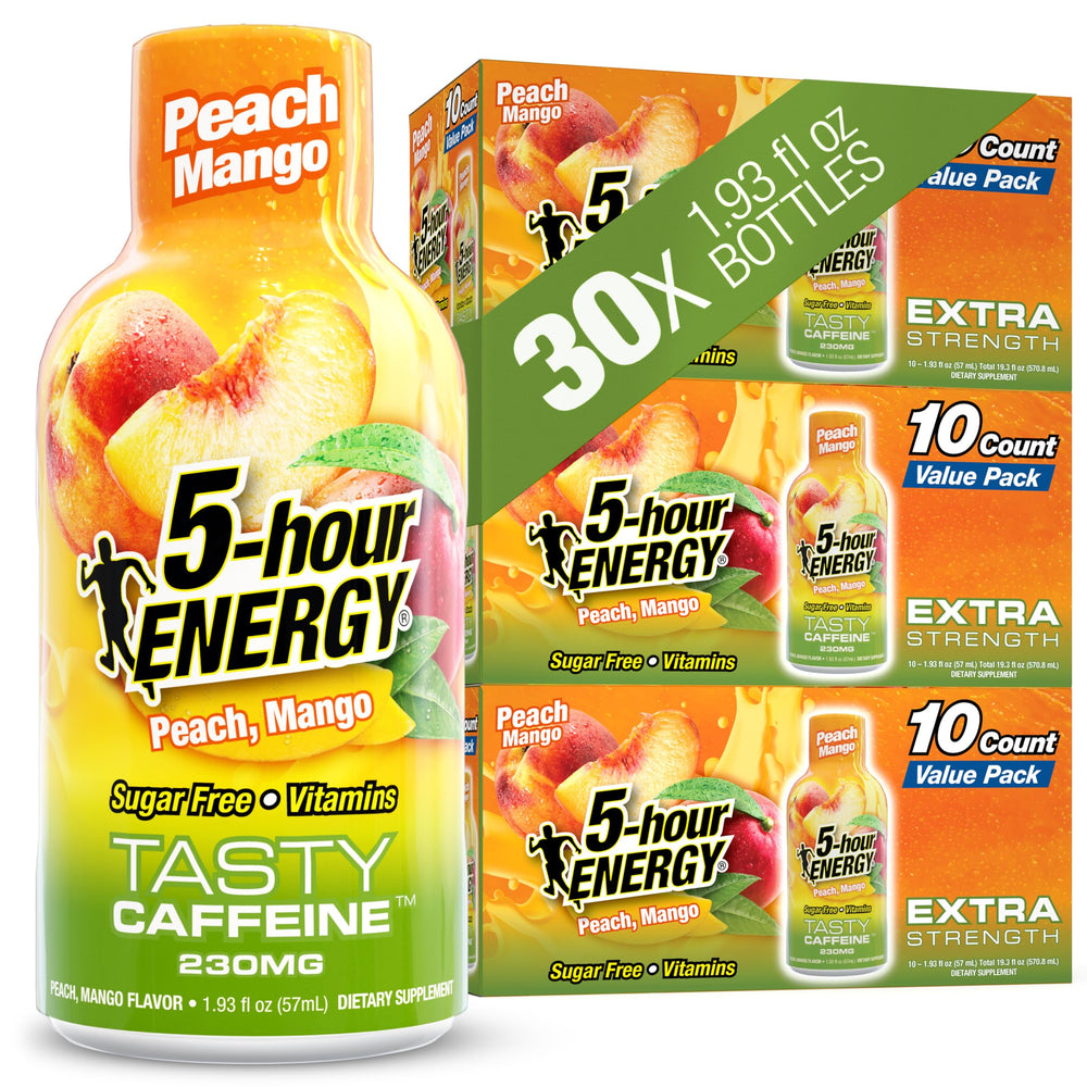5-hour ENERGY frente del envase mostrando sabor durazno mango y conveniencia
