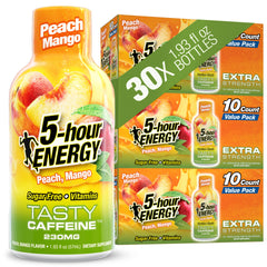 5-hour ENERGY frente del envase mostrando sabor durazno mango y conveniencia