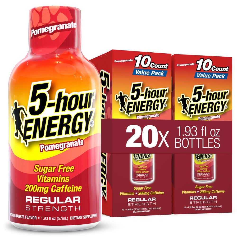 5-hour ENERGY vista frontal del frasco con sabor granada, conveniencia inmediata
