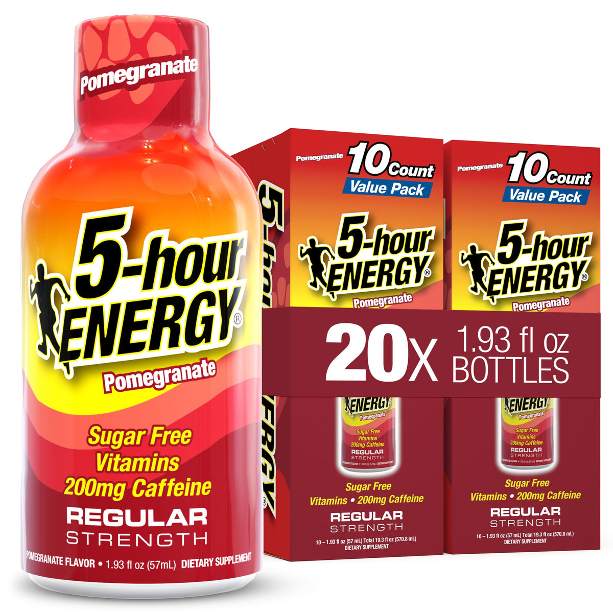5-hour ENERGY vista frontal del frasco con sabor granada, conveniencia inmediata