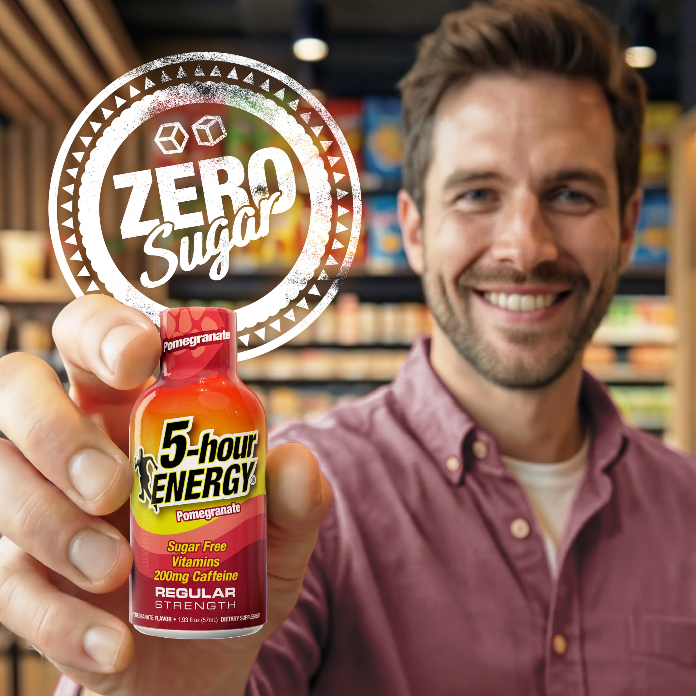 5-hour ENERGY comparación de tamaño junto a una taza para referencia