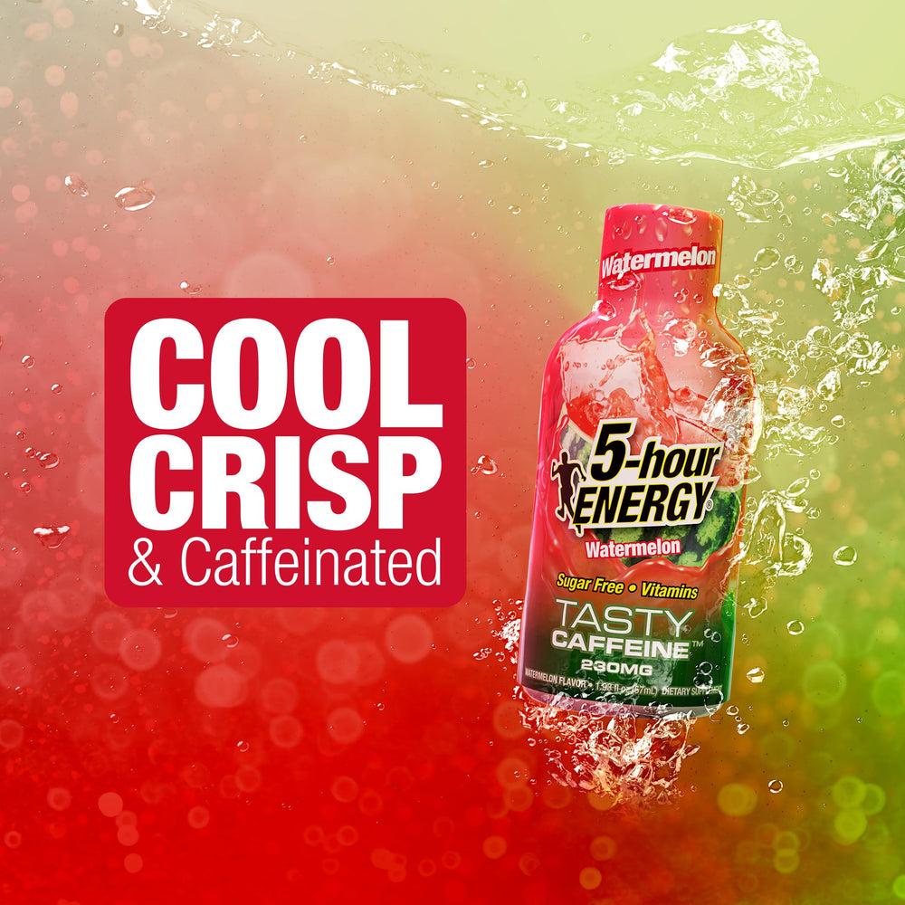 5-hour ENERGY detalle de textura del líquido resaltando sabor refrescante sandía