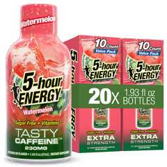 5-hour ENERGY frontal con sabor sandía mostrando botella portátil y energía inmediata