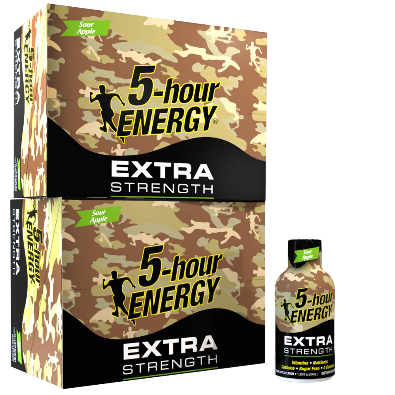 5-hour ENERGY frente del paquete mostrando sabor y volumen, conveniencia inmediata