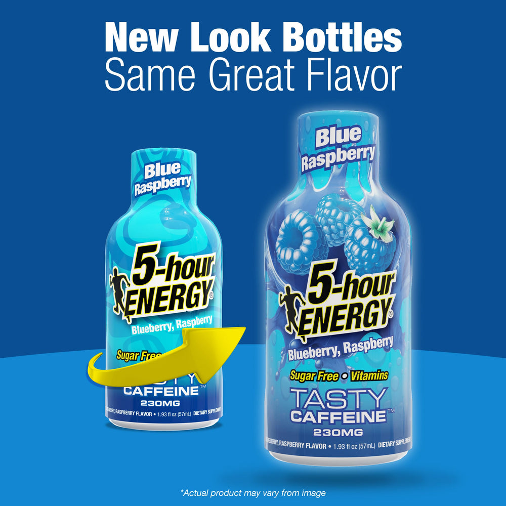 5-hour ENERGY líquido azul intenso que destaca sabor frambuesa y energía
