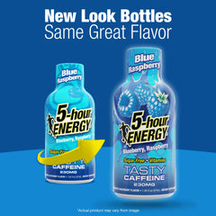 5-hour ENERGY líquido azul intenso que destaca sabor frambuesa y energía