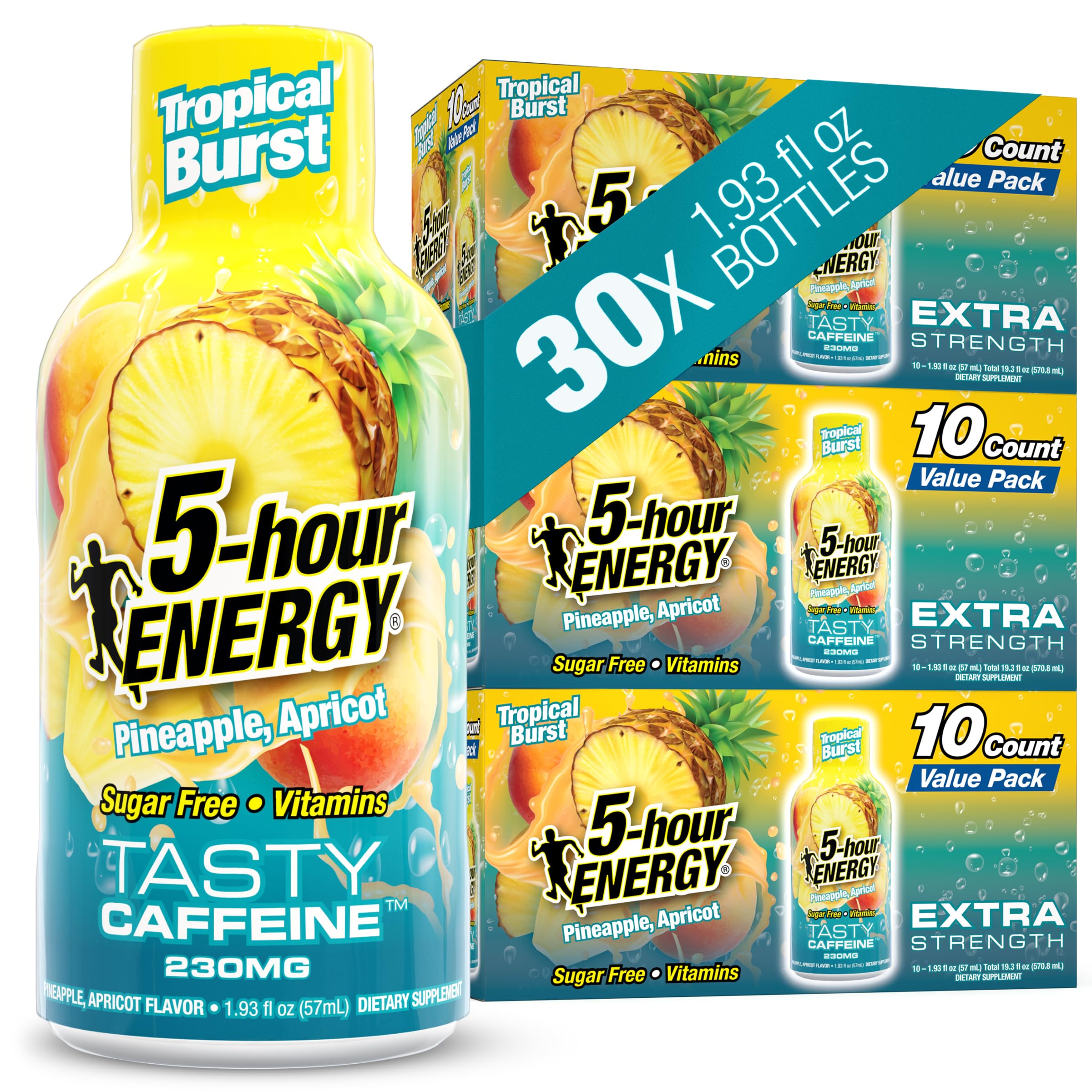 5-hour ENERGY frente del envase mostrando sabor Tropical Burst y conveniencia