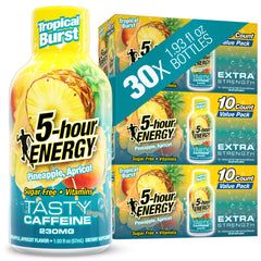 5-hour ENERGY frente del envase mostrando sabor Tropical Burst y conveniencia